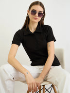 Black Ribbed Polo Top