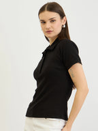 Black Ribbed Polo Top