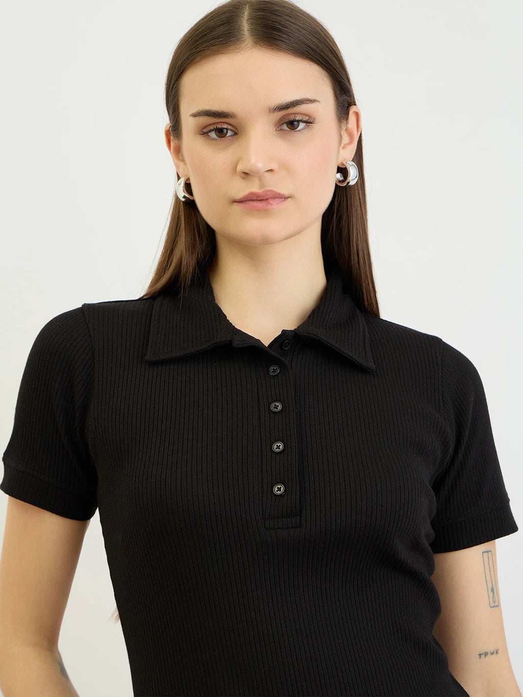 Black Ribbed Polo Top