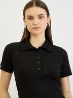 Black Ribbed Polo Top