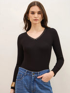 Black Ribbed Full Sleeve Top