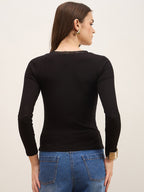 Black Rib Lace Insert Detail Top