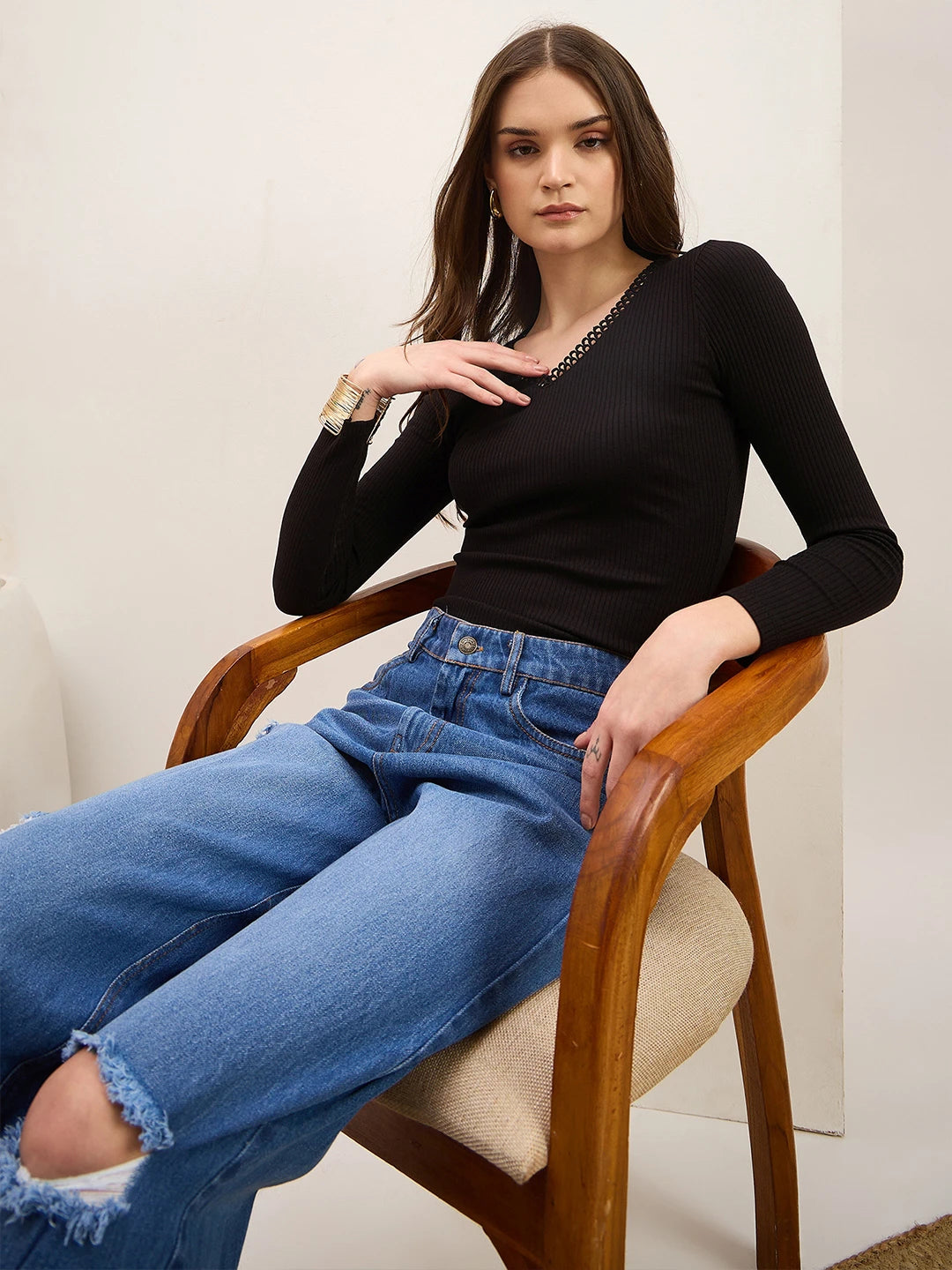 Black Ribbed Full Sleeve Top