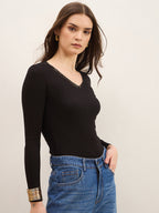 Black Rib Lace Insert Detail Top