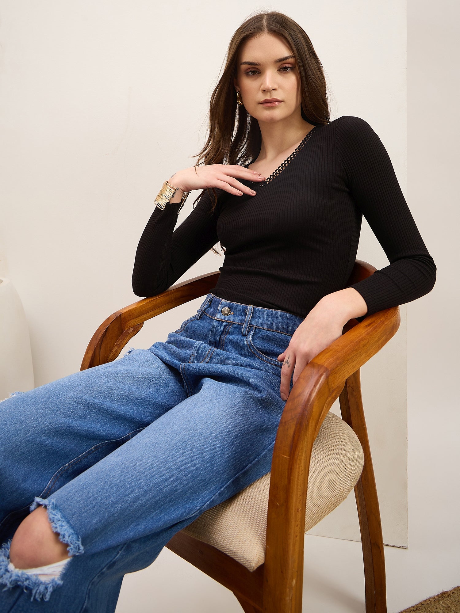 Black Rib Lace Insert Detail Top