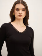 Black Rib Lace Insert Detail Top