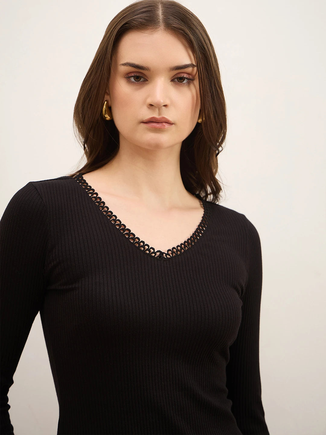 Black Ribbed Full Sleeve Top