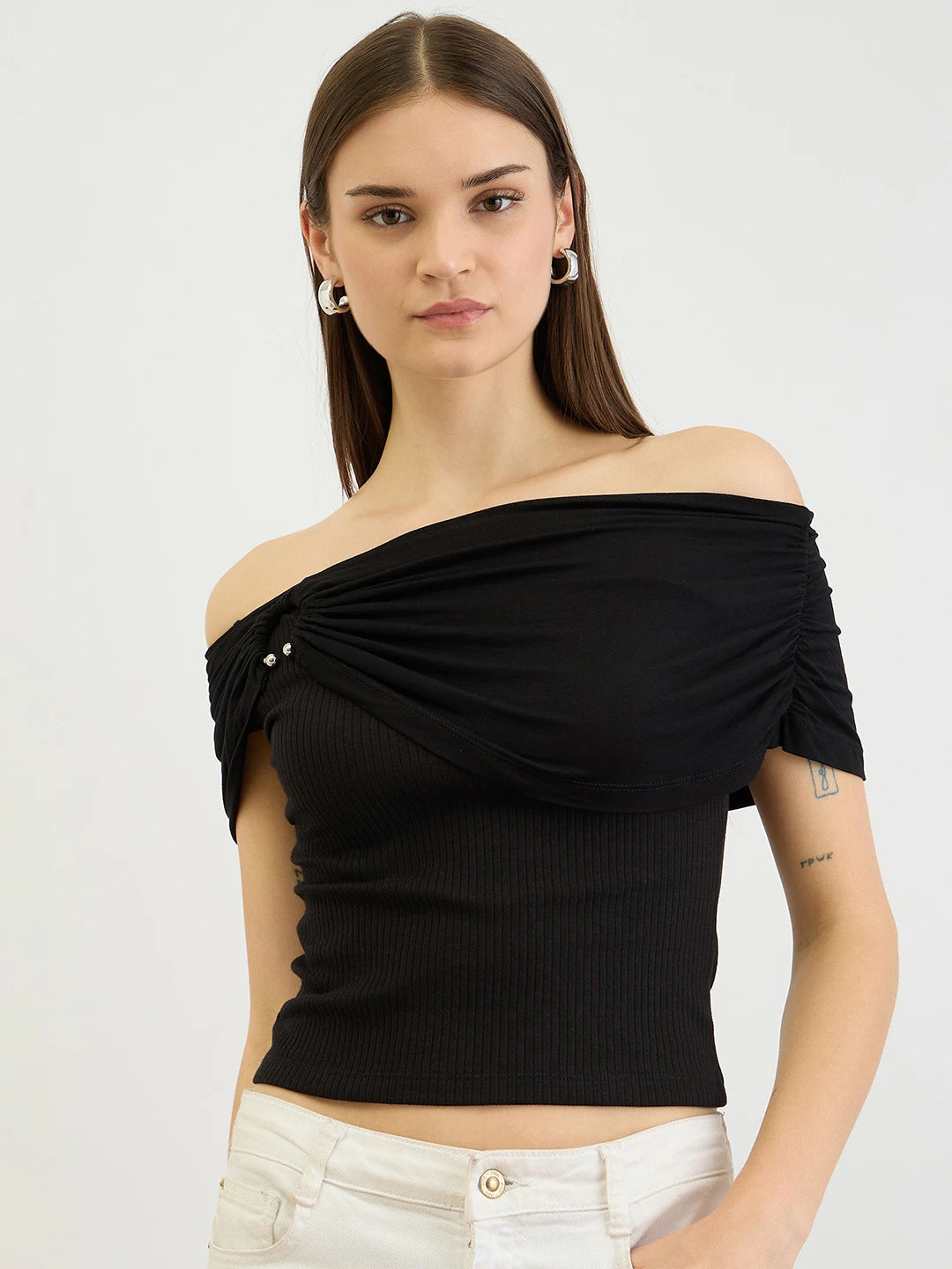 Black Ribbed Off-Shoulder Bardot Top