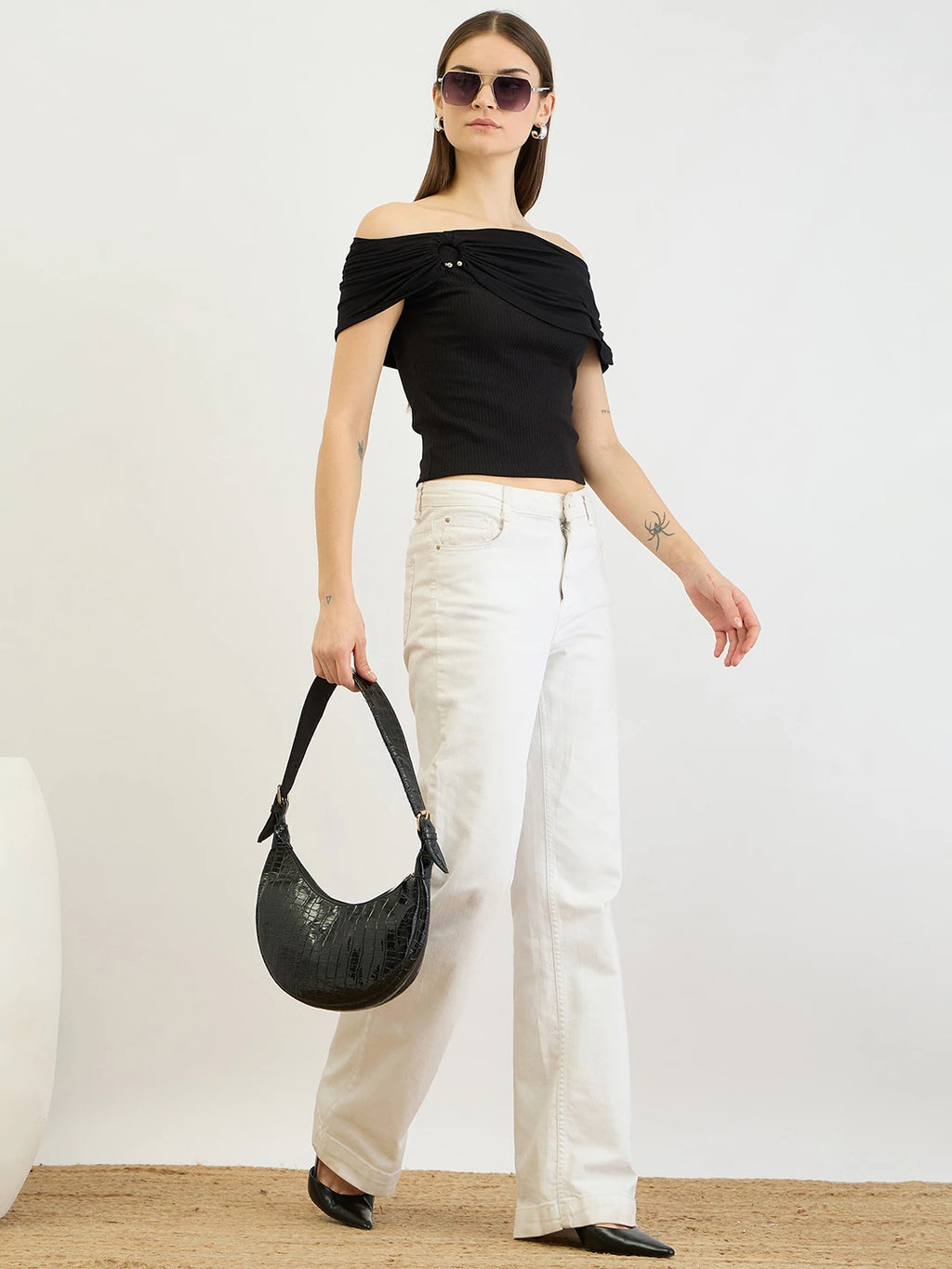 Black Ribbed Off-Shoulder Bardot Top