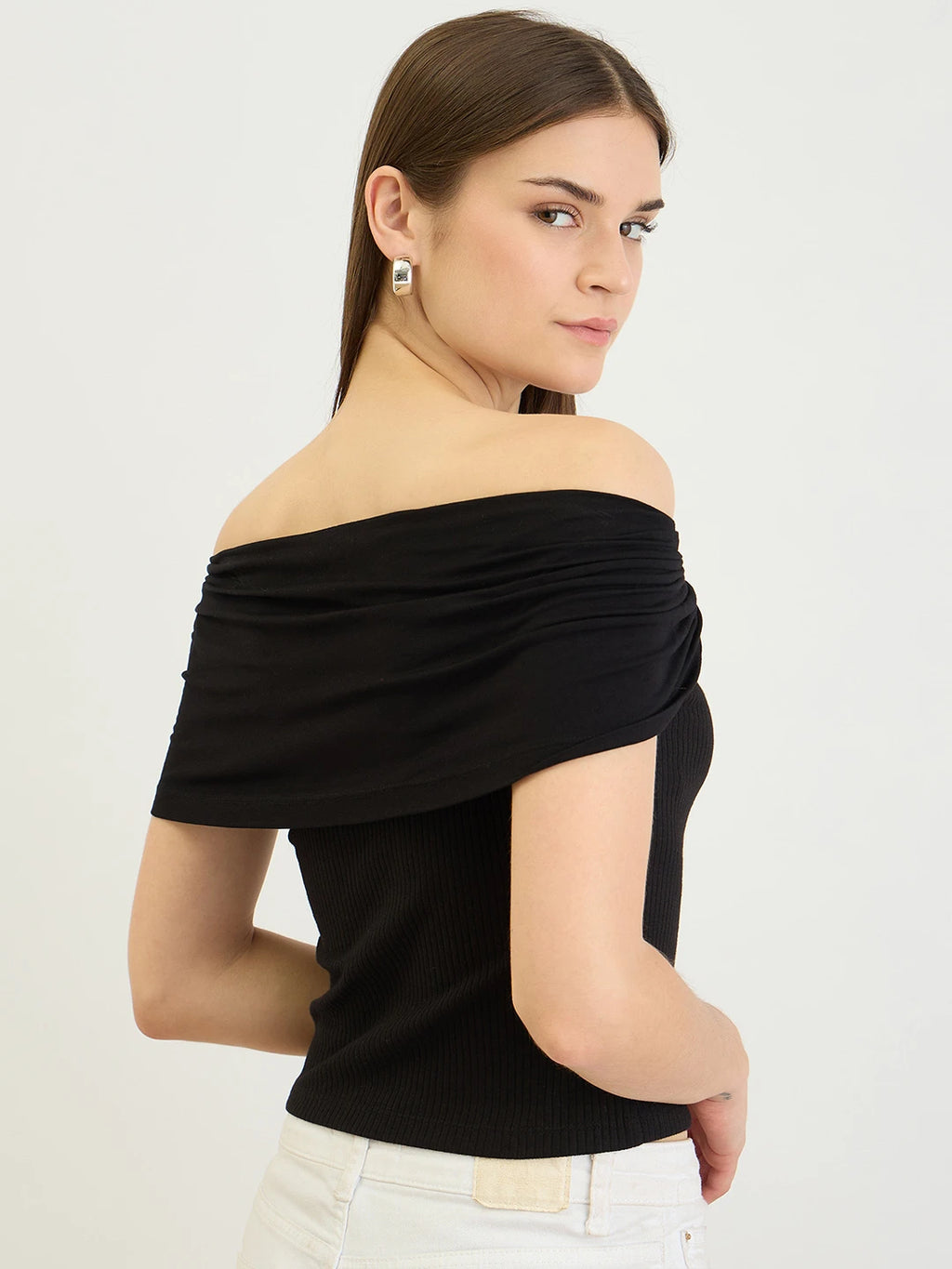 Black Ribbed Off-Shoulder Bardot Top