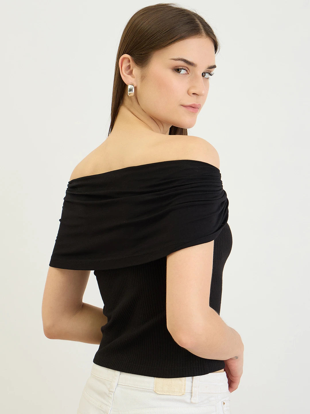 Black Ribbed Off-Shoulder Bardot Top