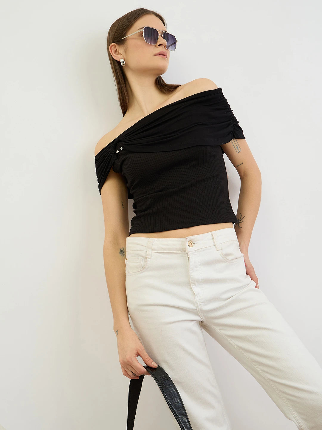 Black Ribbed Off-Shoulder Bardot Top