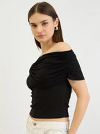 Black Ribbed Off-Shoulder Bardot Top