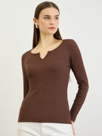 Brown V-Neck Rib Top