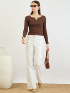 Brown V-Neck Rib Top