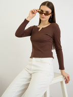 Brown V-Neck Rib Top