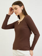 Brown V-Neck Rib Top