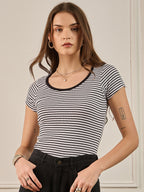 Black & White Striped Rib Short Sleeves Top