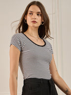 Black & White Striped Rib Short Sleeves Top