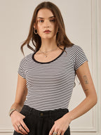Black & White Striped Rib Short Sleeves Top