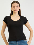 Black Short Sleeves Rib Top