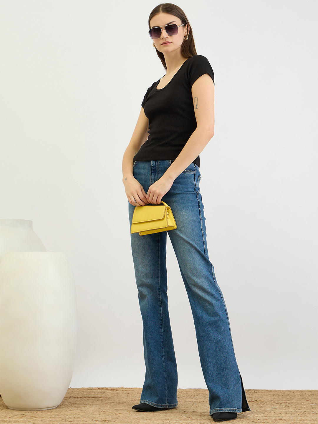 Black Short Sleeves Rib Top