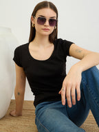 Black Short Sleeves Rib Top