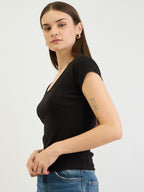 Black Short Sleeves Rib Top