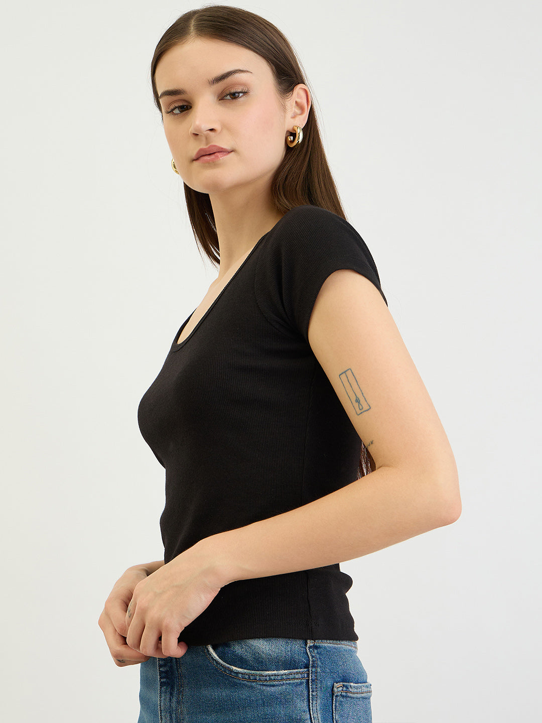 Black Short Sleeves Rib Top