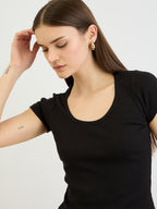 Black Short Sleeves Rib Top