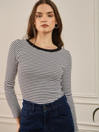 Black & White Striped Rib Full Sleeves Top