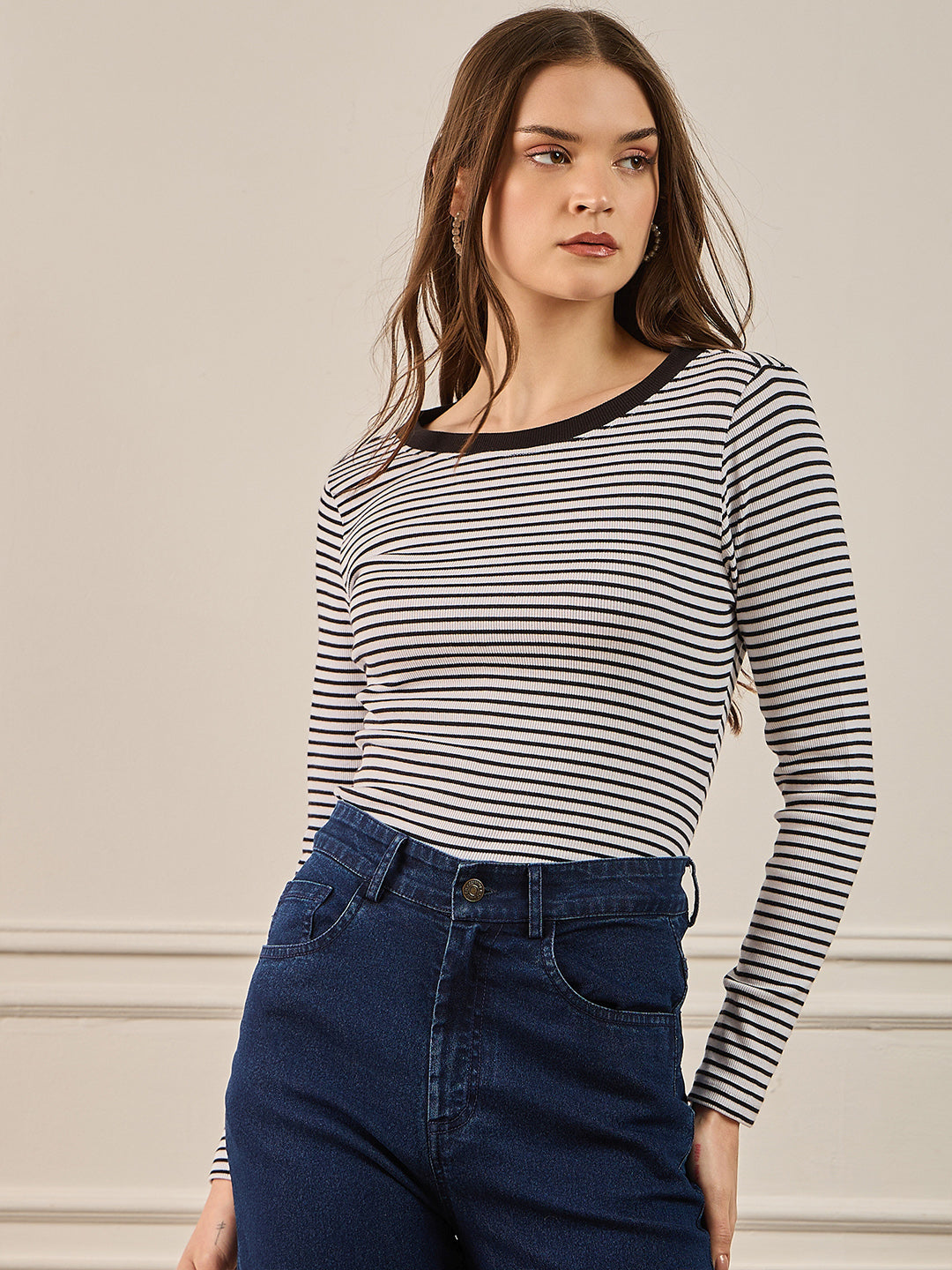 Black & White Striped Rib Full Sleeves Top