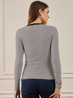 Black & White Striped Rib Full Sleeves Top