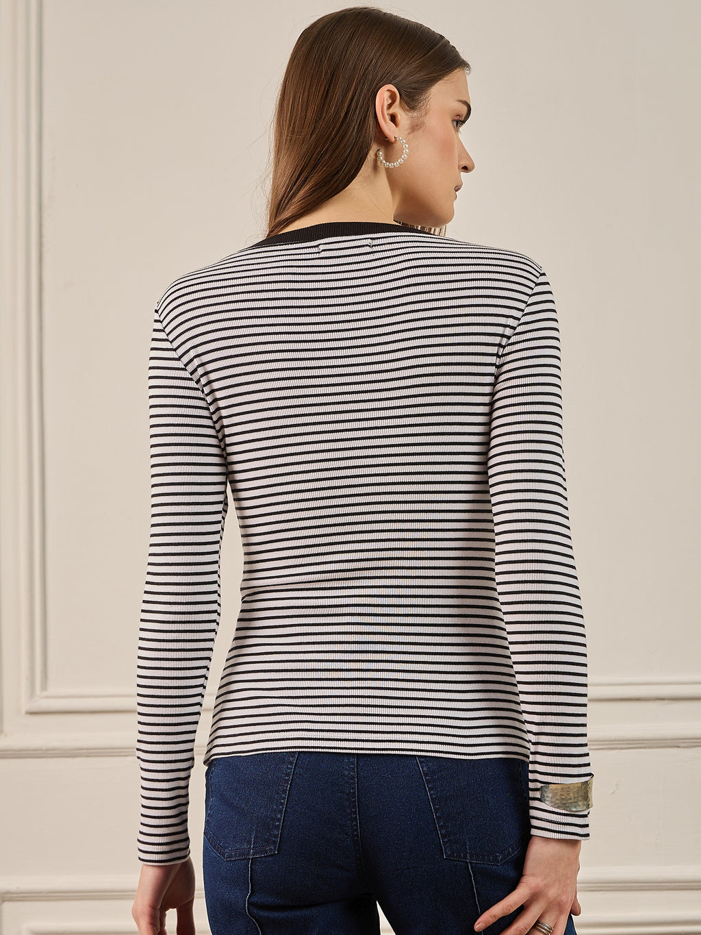 Black & White Striped Rib Full Sleeves Top