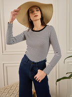 Black & White Striped Rib Full Sleeves Top