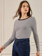 Black & White Striped Rib Full Sleeves Top