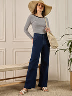 Black & White Striped Rib Full Sleeves Top