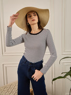 Black & White Striped Rib Full Sleeves Top
