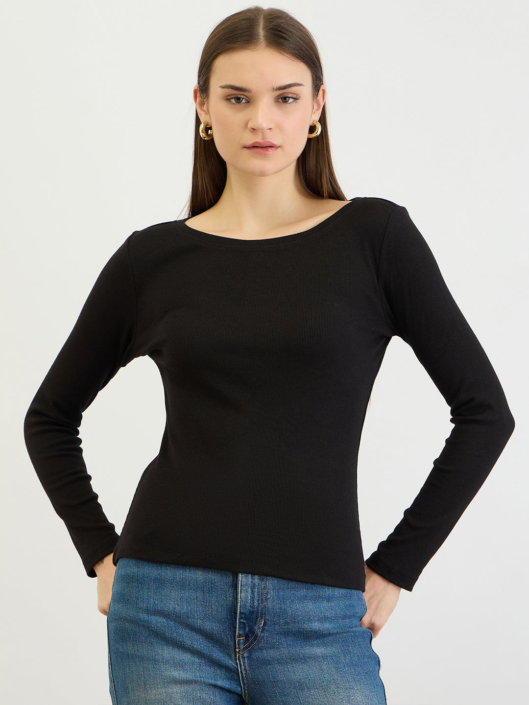 Black Full Sleeves Rib Top