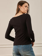 Black Ribbed Henley Top