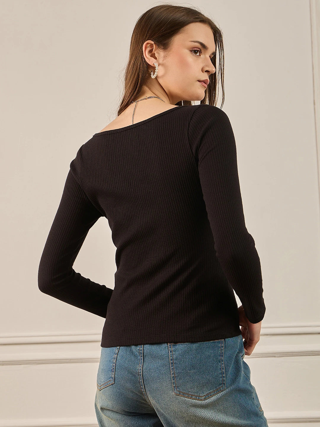 Black Ribbed Full Sleeve Top
