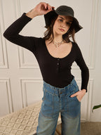 Black Ribbed Henley Top