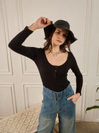 Black Ribbed Henley Top