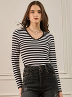 Black & White Striped Lace Insert Detail Top