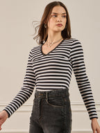 Black & White Striped Lace Insert Detail Top