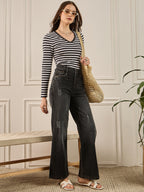 Black & White Striped Lace Insert Detail Top