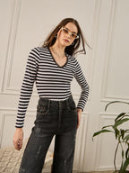 Black & White Striped Lace Insert Detail Top