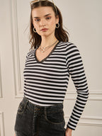 Black & White Striped Lace Insert Detail Top