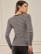 Black & White Striped Lace Insert Detail Top