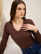 Brown Rib Lace Insert Detail Top